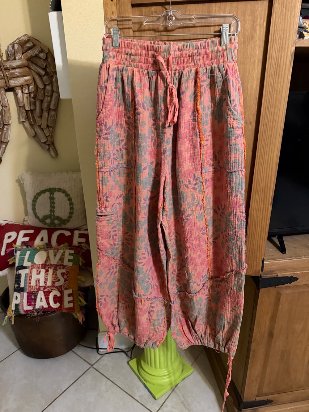 Blue Velvet Coral Floral Drawstring Harem Pants